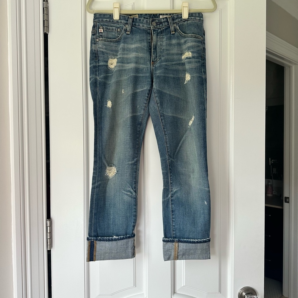 AG Adriano Goldschmied Medium-Wash Premiere Skinny Straight Crop Distressed Jean